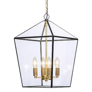 4-lights Brass Geometric Lantern Pendant with Clear Tempered Glass Panes