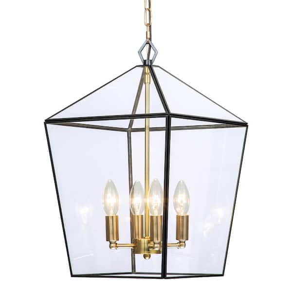 4-lights Brass Geometric Lantern Pendant with Clear Tempered Glass Panes