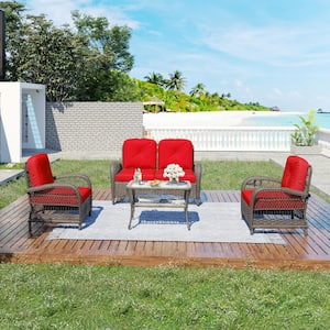 4-Piece Wicker Outdoor Loveseat and Lounge Chairs Patio Conversation Set with Red Cushions