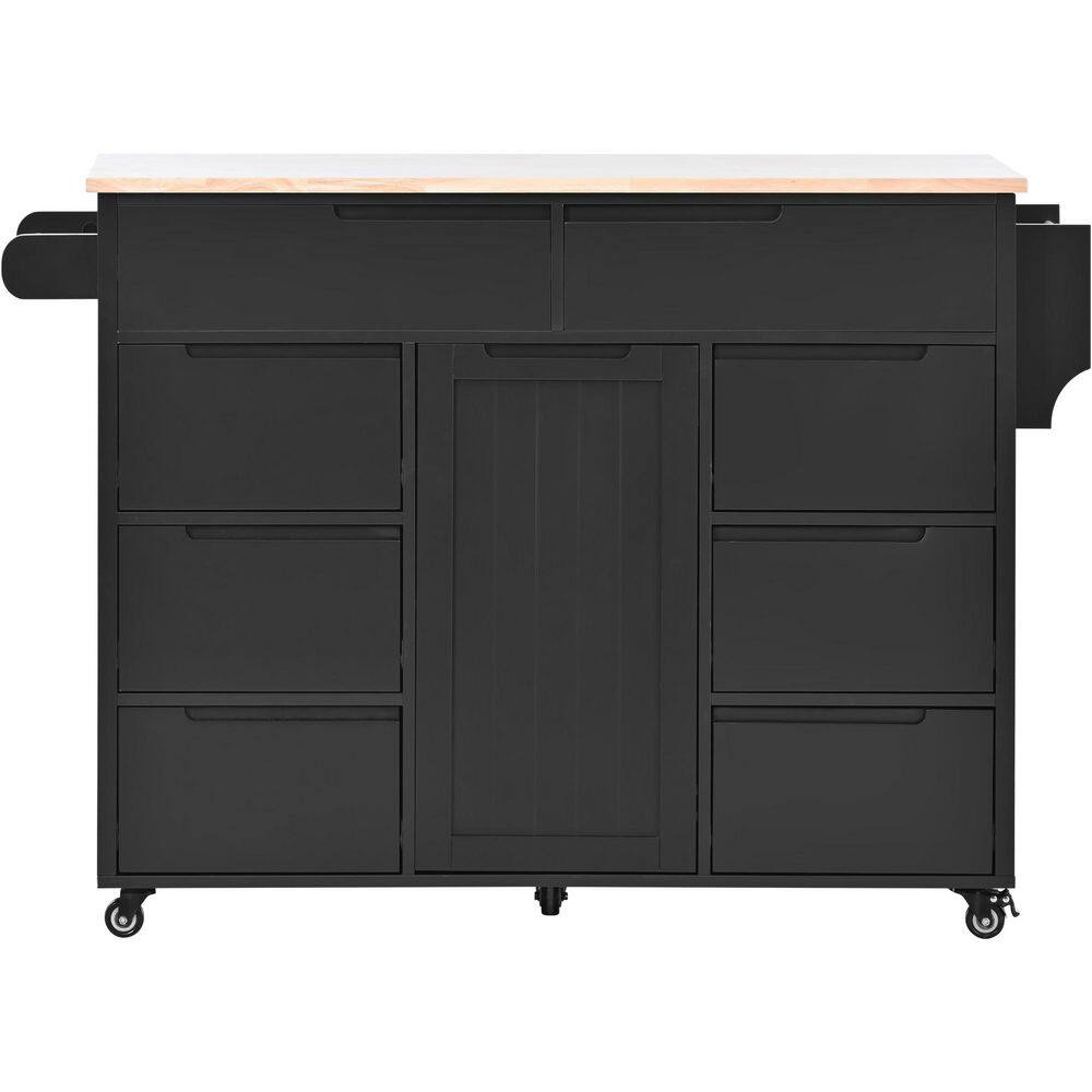 Black Wood 53 in. Kitchen Island with 8 Handle-Free Drawers, Adjustable She