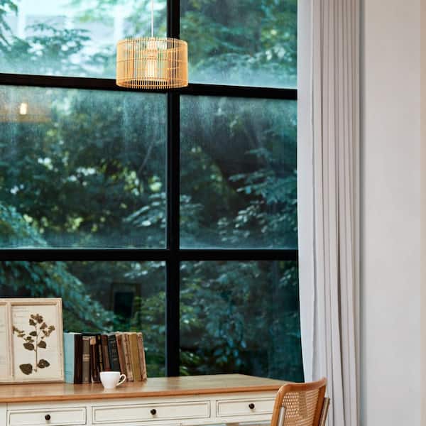 1-Light White Shaded Pendant Lighting with Natural Bamboo Shade