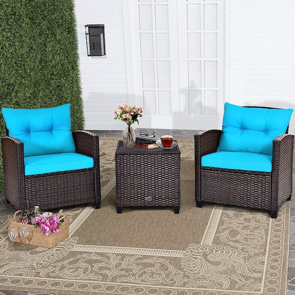 3-Piece Rattan Wicker Patio Conversation Set Sofa Coffee Table with Turquoise Cushions