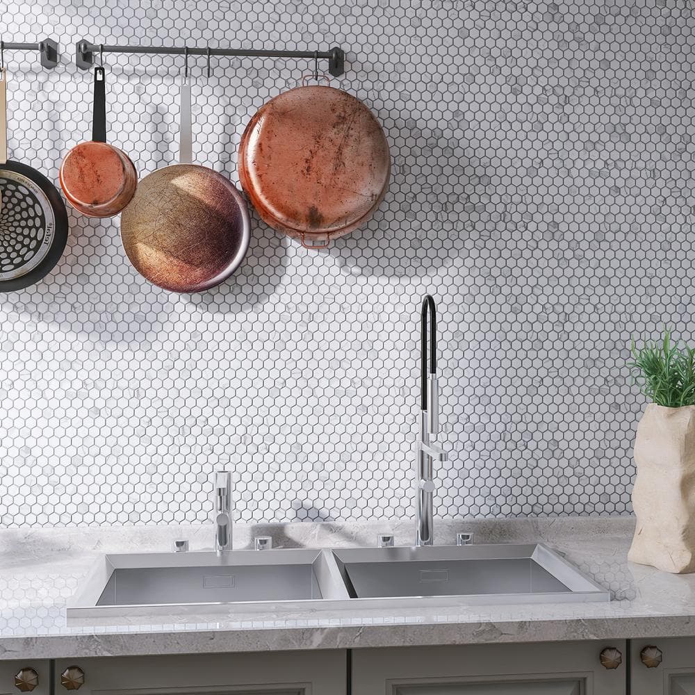 White Hexagon Porcelain Mosaic Tile with Marble Look