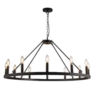 37 in. 12-Light Black Classic Adjustable Height Metal Ceiling Light Farmhouse Wagon Wheel Chandelier for Kitchen Island