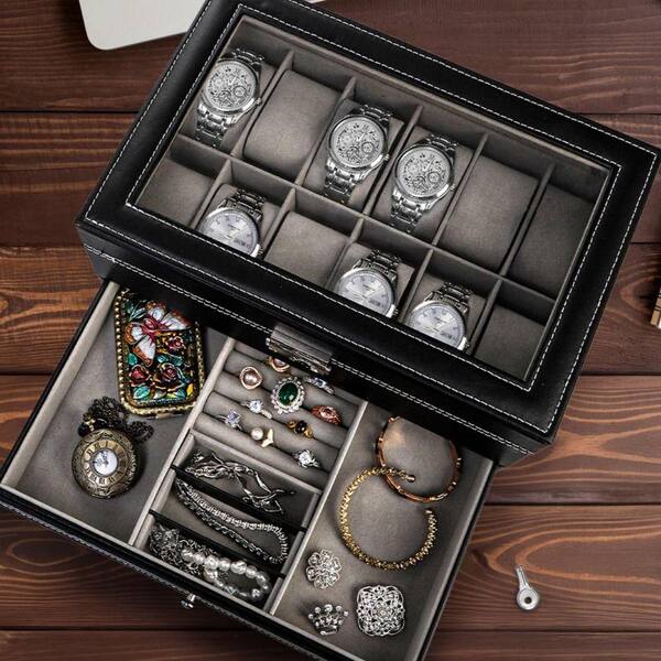 Men Women Black Gray 12 Slot 2 Layers with 1 Drawer for Rings Lockable Watch Box 12-Slot Watch Box for Men Women, Lockable Watch Case with  main image 3