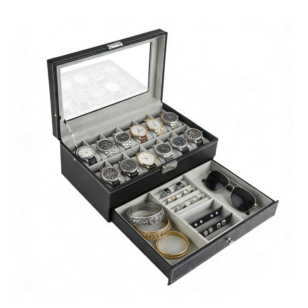 Black Jewelry Box-12-Slot PU Leather Lockable Watch Storage Box with Real Glass Lid, 2-Tier Velvet-Lined Organizer