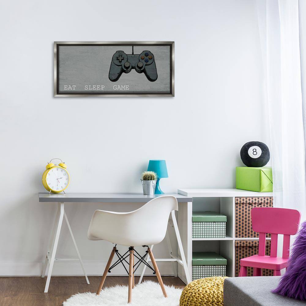 Eat Sleep Game Hobby by Kim Allen Gray Floater Frame Typography Graphic Art Print 14 in. x 31 in.