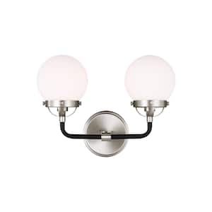 Cafe 14 in. W 2-Light Brushed Nickel Vanity Light with Etched/White Glass Shades and Matte Black Frame Accents