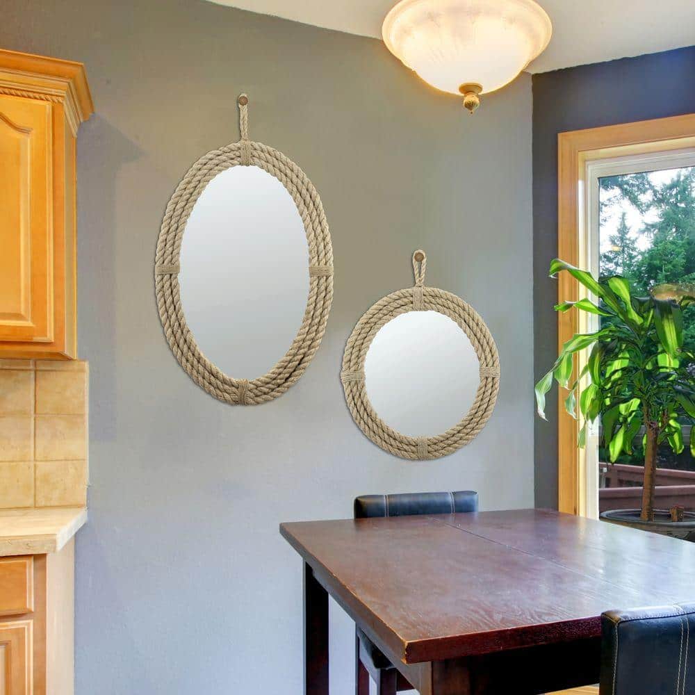 Nautical Charm 16.5" Round Rope-Wrapped Wall Mirror with Hanging Loop