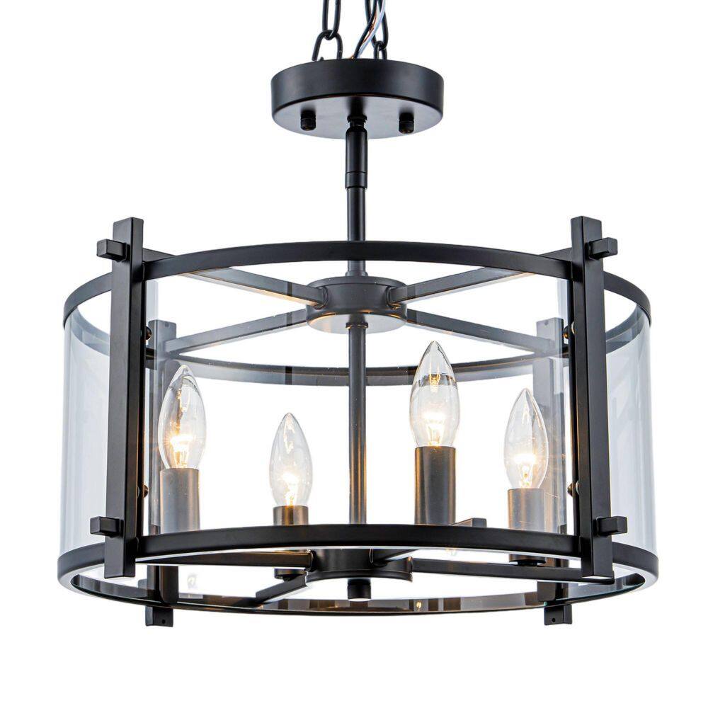 Alvin 17.7 in. 4-Light Industrial Drum Matte Black Semi-Flush Mount Ceiling Light with Clear Glass for Dining Room price history on PriceWatchPro