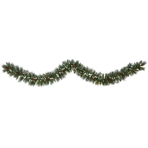 9 ft. Battery Operated Pre-lit Frosted Swiss Pine Artificial Garland with 50 Clear LED Lights and Berries