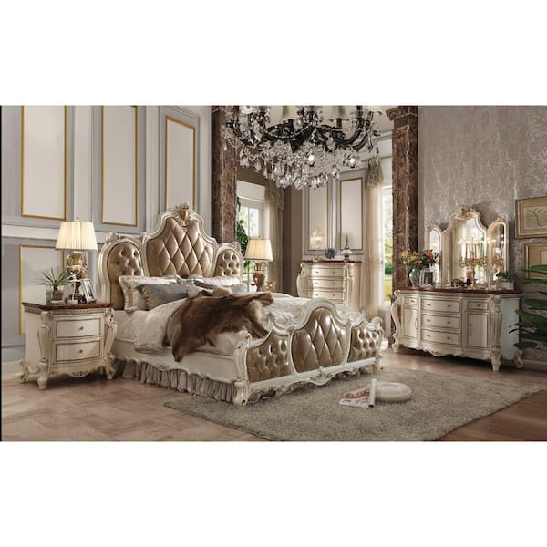 HomeRoots 89 in. x 89 in. x 78 in. PU Antique Pearl Wood Poly Resin Upholstery Eastern King Bed