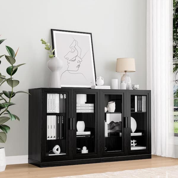 Lirago Solid Wood Black 36 in. H Storage Cabinet with Adjustable Shelves Glass Door