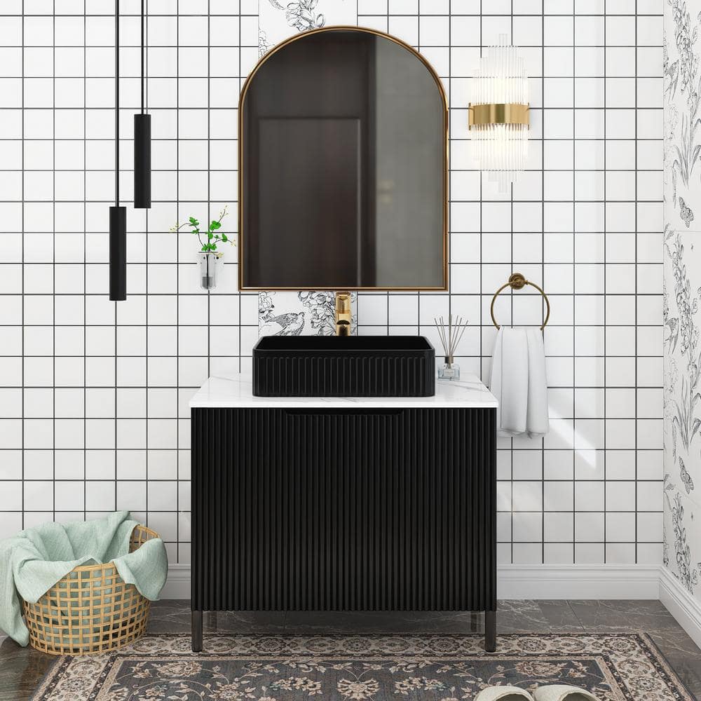 30 in. W Freestanding Bath Vanity in Black with White Sintered Stone Top