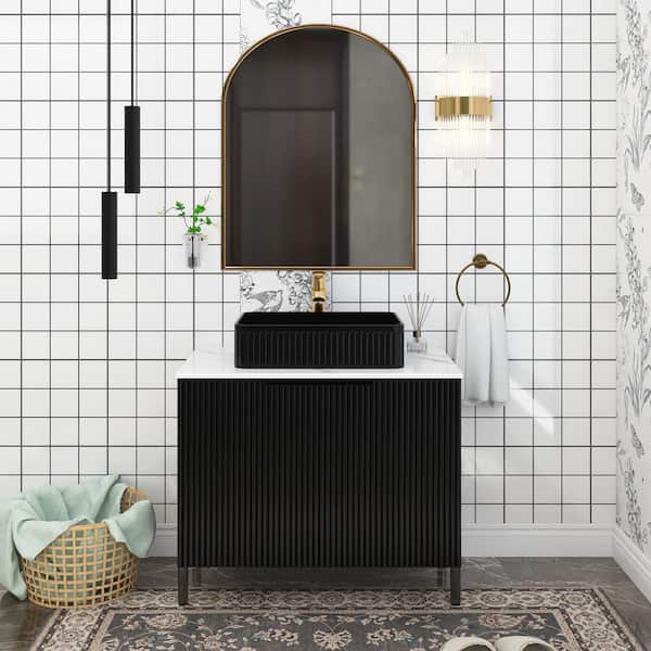 Unbranded 30 in. W Freestanding Bath Vanity in Black with White Sintered Stone Top