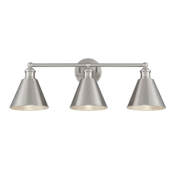 TUXEDO PARK LIGHTING 27 in. W x 10 in. H 3-Light Brushed Nickel Bathroom Vanity Light with Metal Shades