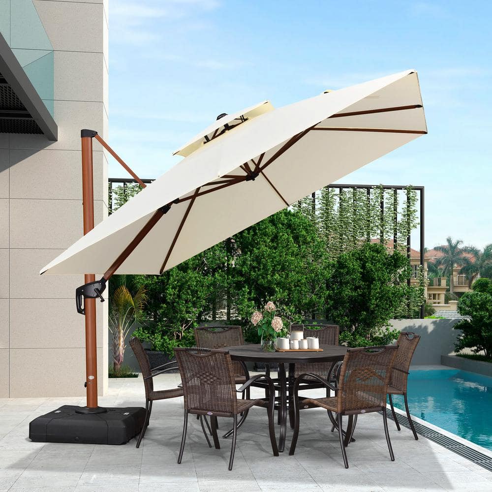 10 ft. Square High-Quality Wood Pattern Aluminum Cantilever Polyester Patio Umbrella with Base, Cream