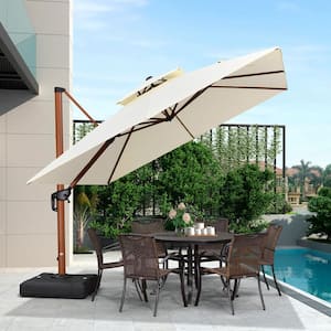 10 ft. Square High-Quality Wood Pattern Aluminum Cantilever Polyester Patio Umbrella with Base, Cream