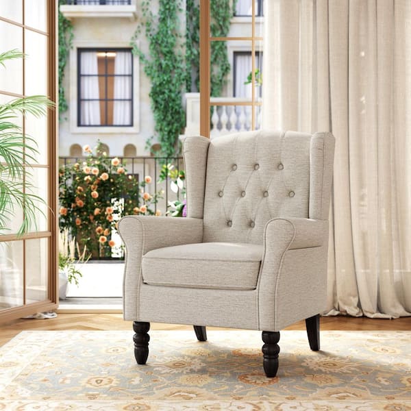 Modern Beige Linen Upholstered Button High Back Accent Arm Chair with Wood Legs (Set of 1)