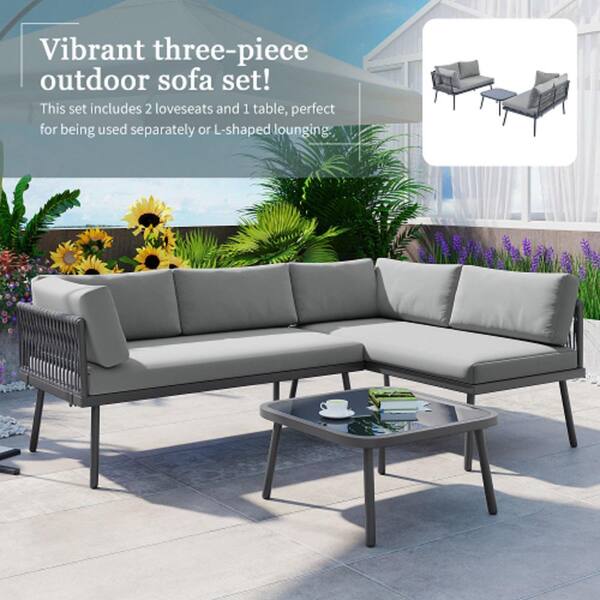 Rattan Gray Metal Frame 3-Piece L-Shape Outdoor Sofa Patio