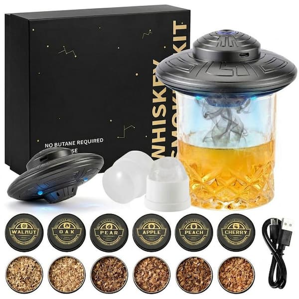 1-Piece Grey Gray Glass Cocktail Smoker Kit with LED and 6 Wood Chip Flavors for Whiskey Old Fashioned