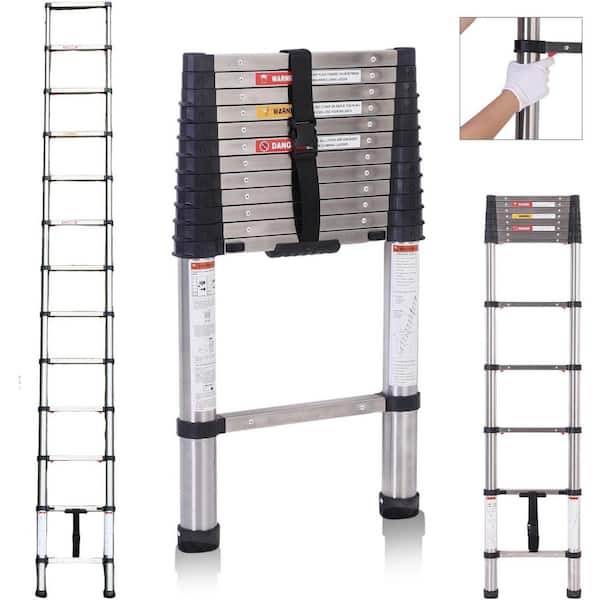 12.5 ft. Telescoping Stainless Steel Extension Ladder, Heavy Duty 300 lb. Max Capacity for Outdoor Indoor RV Use