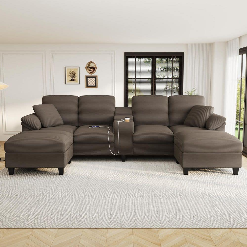 116.9 in. Square Arm Corduroy L-Shaped Sofa in Brown with Storage Ottomans, Cup Holders and USB Ports