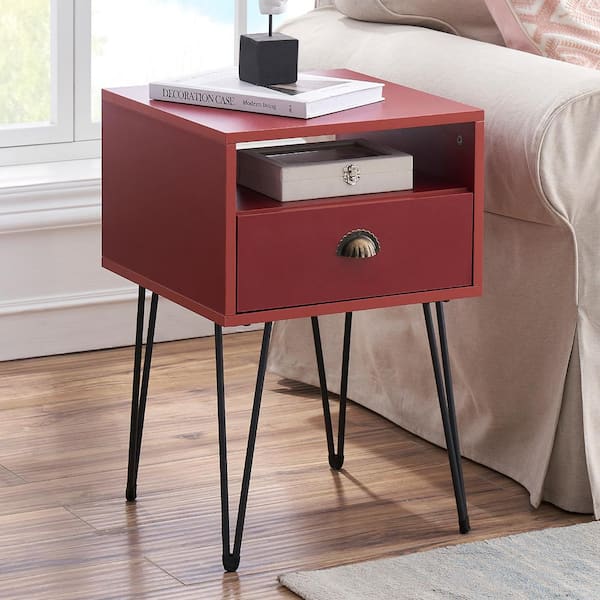 VECELO Nightstand 2-Tier Industrial End Side Table with Open Compartment & 1 Drawer, Red，23.7"Tx15.7"Wx15.7"L