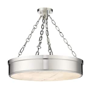 Anders 24-Wat 22 in. 3-Light Polished Nickel Integrated LED Semi Flush Mount Light with Marbling Parian Plastic Shade