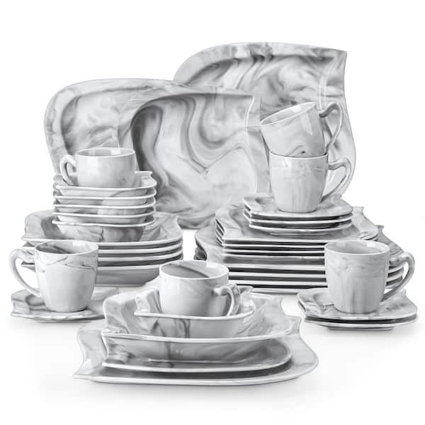 36-Piece Marble Grey Porcelain Dinnerware Set (Service for 6) Dining Set with Plates Bowls Cups and Saucers