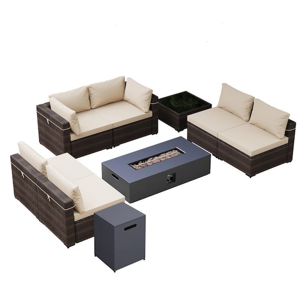 UPHA 8-Pieces Wicker Outdoor Patio Furniture Set with 56 in. Dark Gray Iron Propane Fire Pit, with Beige Cushions
