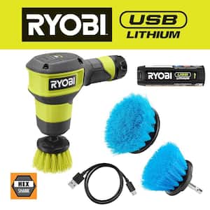 USB Lithium Compact Scrubber Kit with 2.0 Ah Battery, and USB Charging Cord w/ Medium and Soft Bristle Brushes