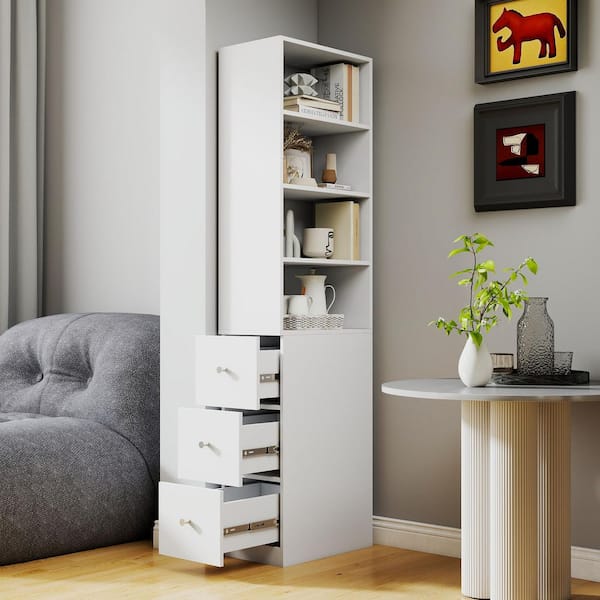 Relic White Wood 70.87 in. Display Storage Cabinet with 4-Tier Shelf and 3 Side Drawers