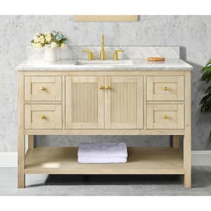 Arcott 49 in. Single Sink Fluted Natural Wood Bath Vanity with White Carrara Marble Top (Assembled)