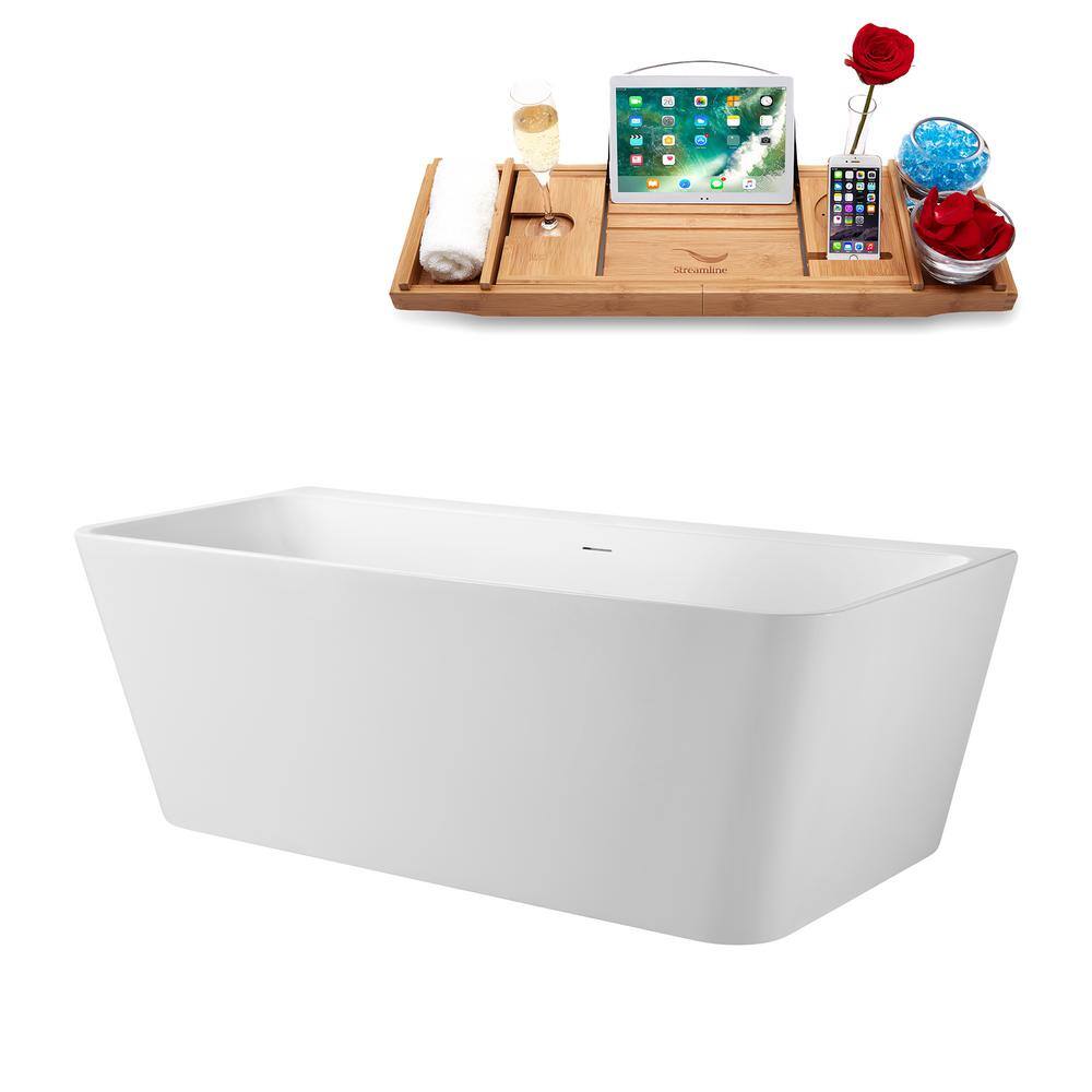 67" Glossy White Acrylic Freestanding Soaking Tub with Bamboo Tray