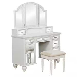 56 in. 2-Piece White and Beige Makeup Vanity Set with Desk. Stool, Storage Drawers and Mirror