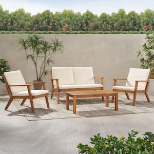 Temecula Brown Patina 4-Piece Wood Outdoor Patio Conversation Set with Cream Cushions