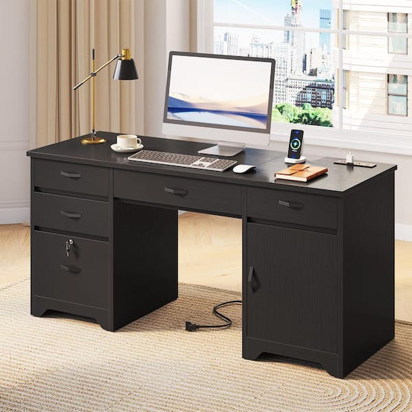 59 in. Rectangular Black Executive Desk with Lockable File Drawer and Power Outlet, Office Desk 2-in-1 Keyboard Drawer