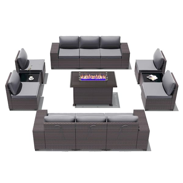 13-Piece Wicker Patio Conversation Set with 55000 BTU Gas Fire Pit Table, Glass Coffee Table, Cushions Gray, Garden
