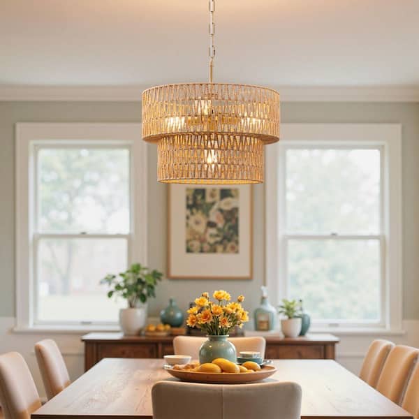 EDISHINE 4-Light Yellow Boho Rattan Chandelier Hanging Light for