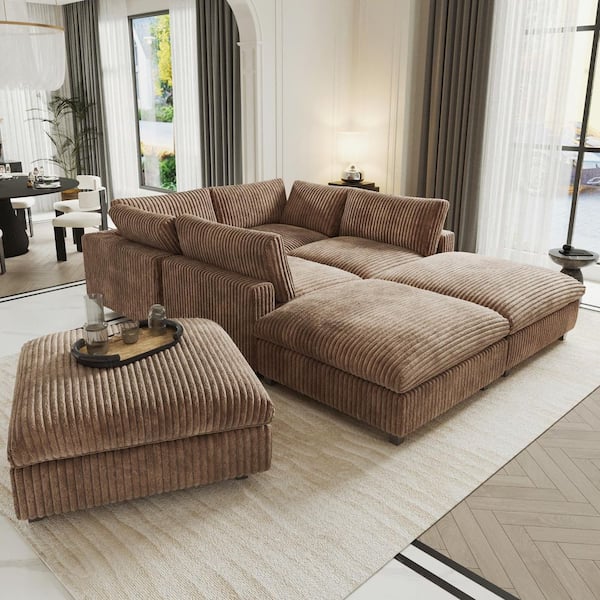 157 in. Square Arm Soft Velvet L-Shaped Modular Sofa Lawson Cloud Couch with Ottoman, Washable Covers for Party in Brown