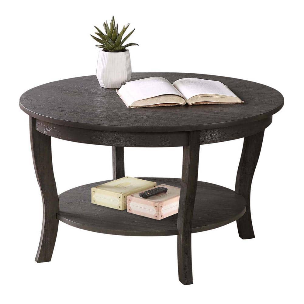 Dark Gray Round Wood Coffee Table with Shelf