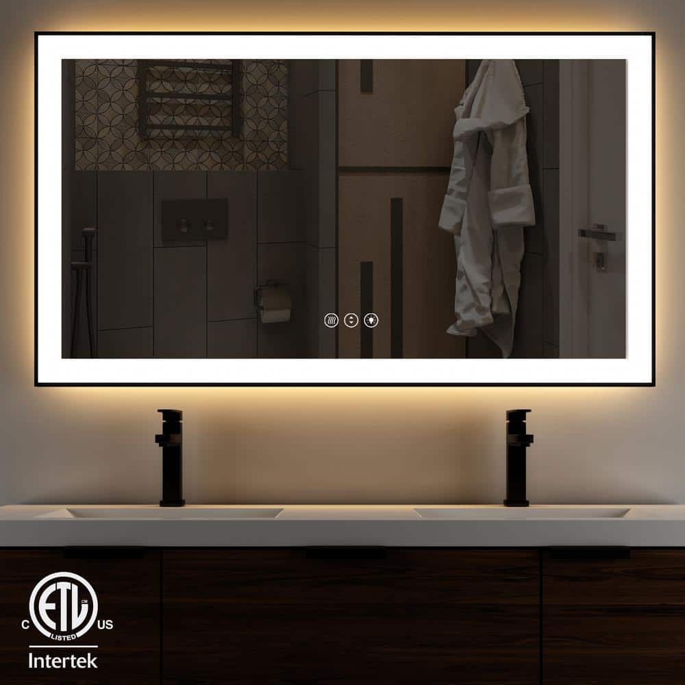 waterpar 60 in. W x 36 in. H Rectangular Framed Anti-Fog LED Wall Bathroom  Vanity Mirror in Black with Backlit and Front Light WP011 The Home Depot