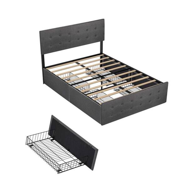 Idealhouse Queen Gray Platform, Queen Size Platform Bed Frame With Headboard And 4 Storage Drawers