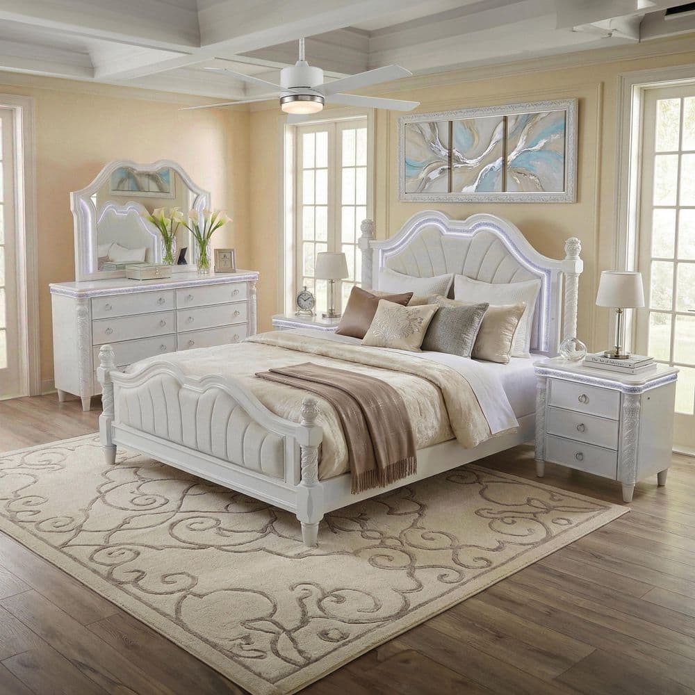 Reggy Glam 5-Piece Pearl White Wood Upholstered Queen Panel Bedroom Set with LED Lighting