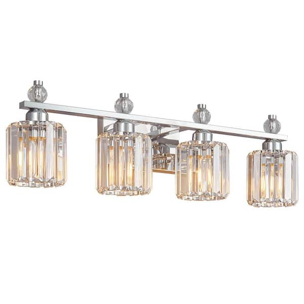 Home Lighting 28.34 in. 4-Light Chrome Round Modern Crystal Vanity Light Fixtures Over Mirror for Bathroom (JW-291)