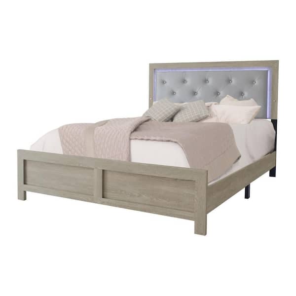 Benjara Gray Wood Frame Queen Platform Bed with Upholstered Headboard