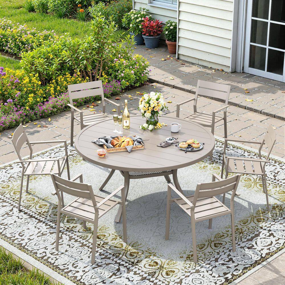 7-Piece Metal Outdoor Patio Dining Set with 47.2 in. Sandshell Round Slat Table and 6 Stackable Chairs in Sandhsell price history on PriceWatchPro