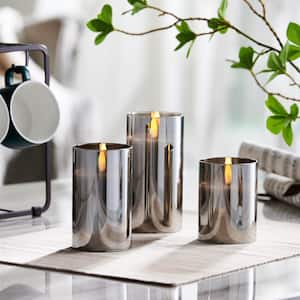 Gray Mirrored Glass LED Flameless Pillar Candles (Set of 3)
