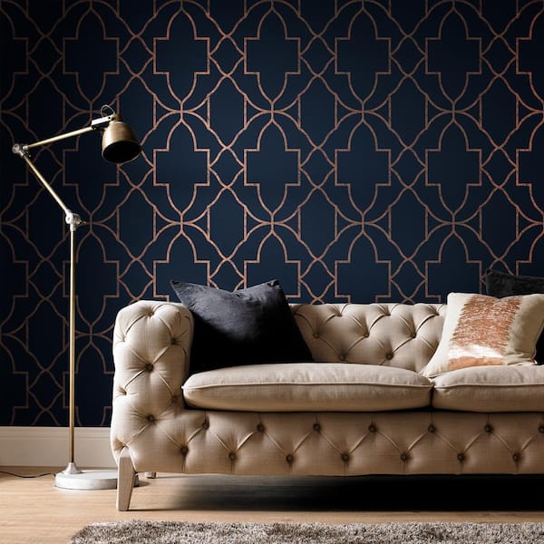 Versailles Navy Blue and Copper Geometric Paste the Wall Wallpaper